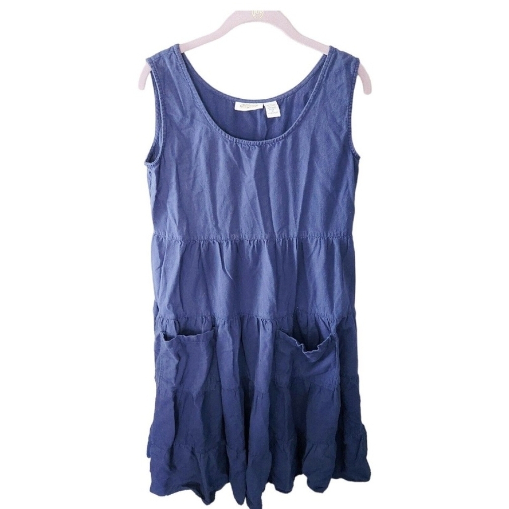 Vintage Linen Navy Blue Tiered Babydoll Pinafore Cottagecore Dress M/L Pockets